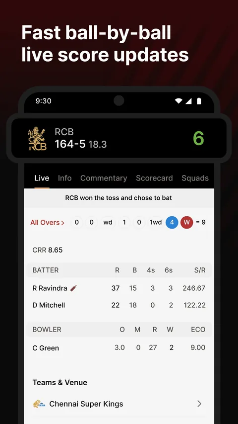 CricBolt live match screen with ball-by-ball scores