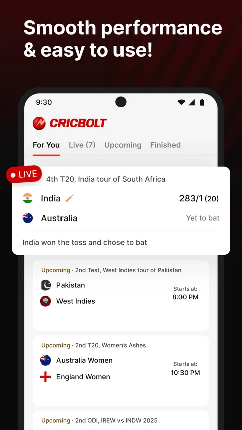 CricBolt home screen with live and upcoming matches