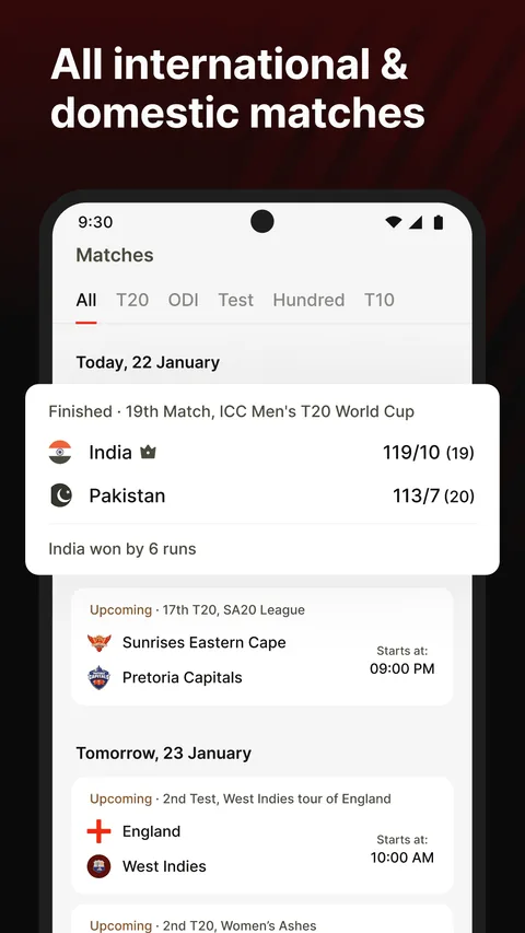 CricBolt list of international and domestic matches